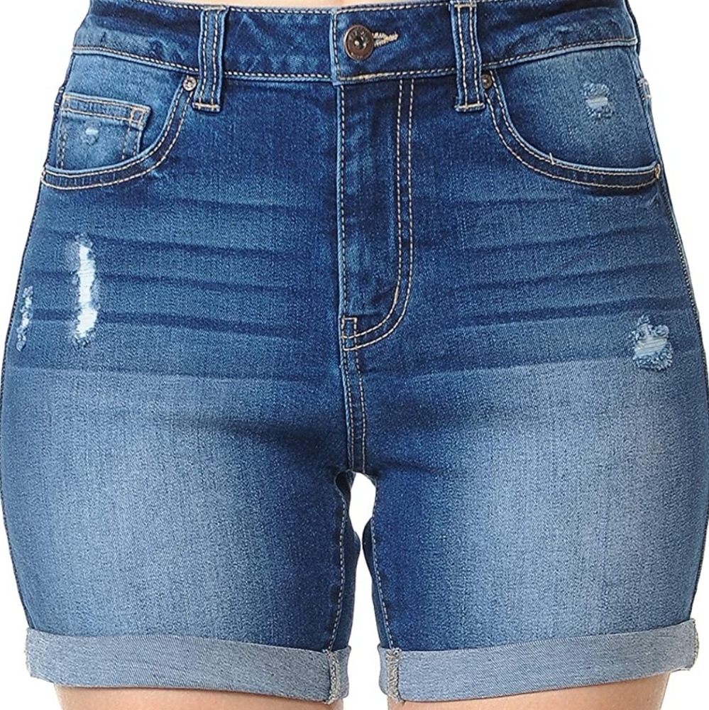 Wax jeans Women's High Rise Midi Denim Shorts with Destruction medium dark S M L